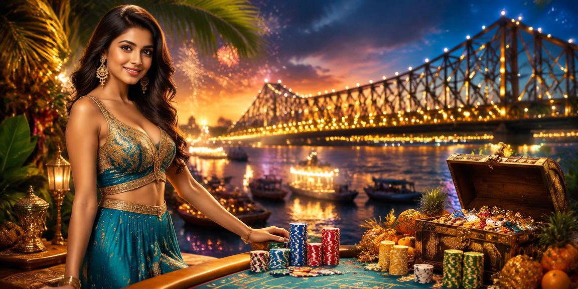 Night view of Kolkata Howrah Bridge with cricket betting and Bollywood themes